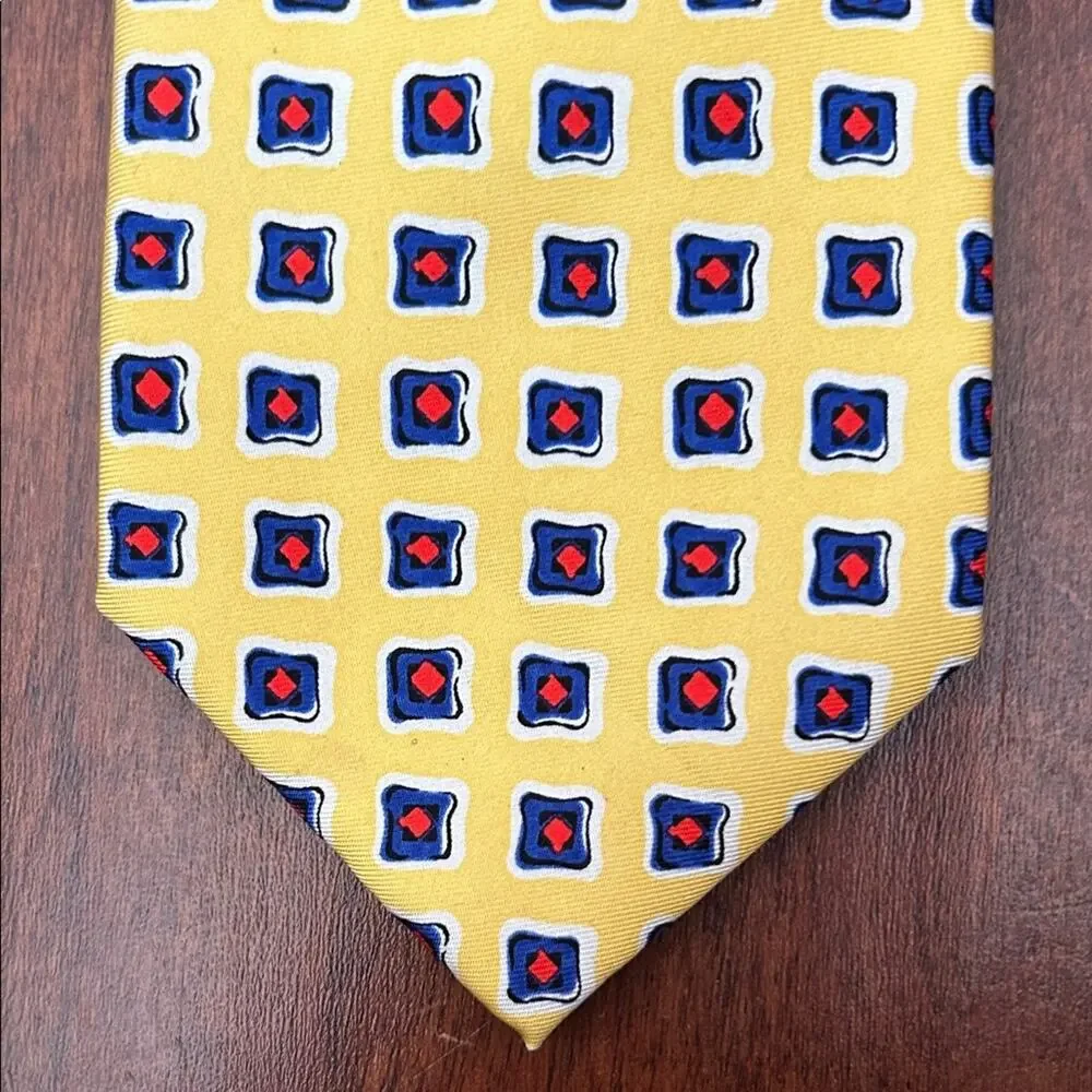 Lauren, Ralph Lauren Geometric Yellow Red White and Blue Tie, 100% Silk